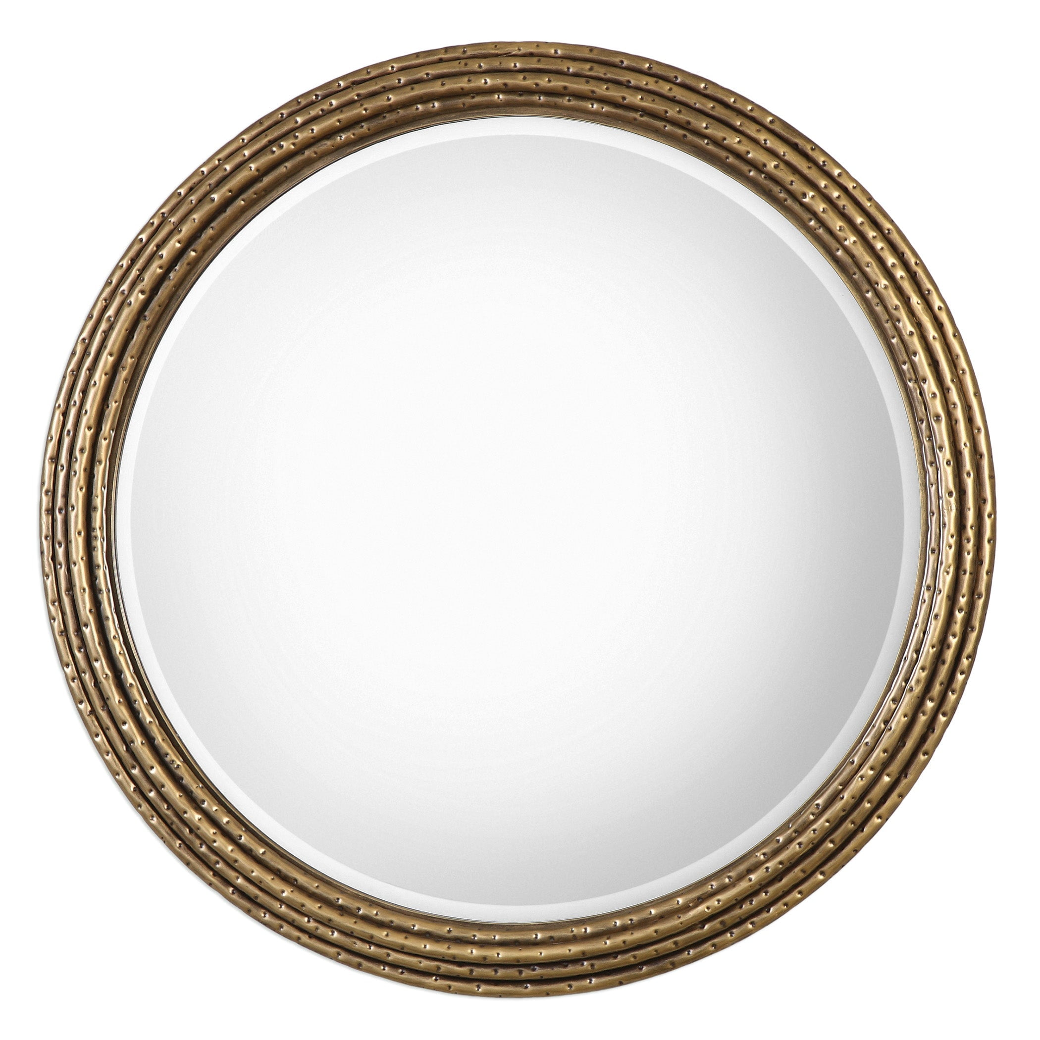 Transitional Industrial 42" Round Antiqued Gold Wall Mirror