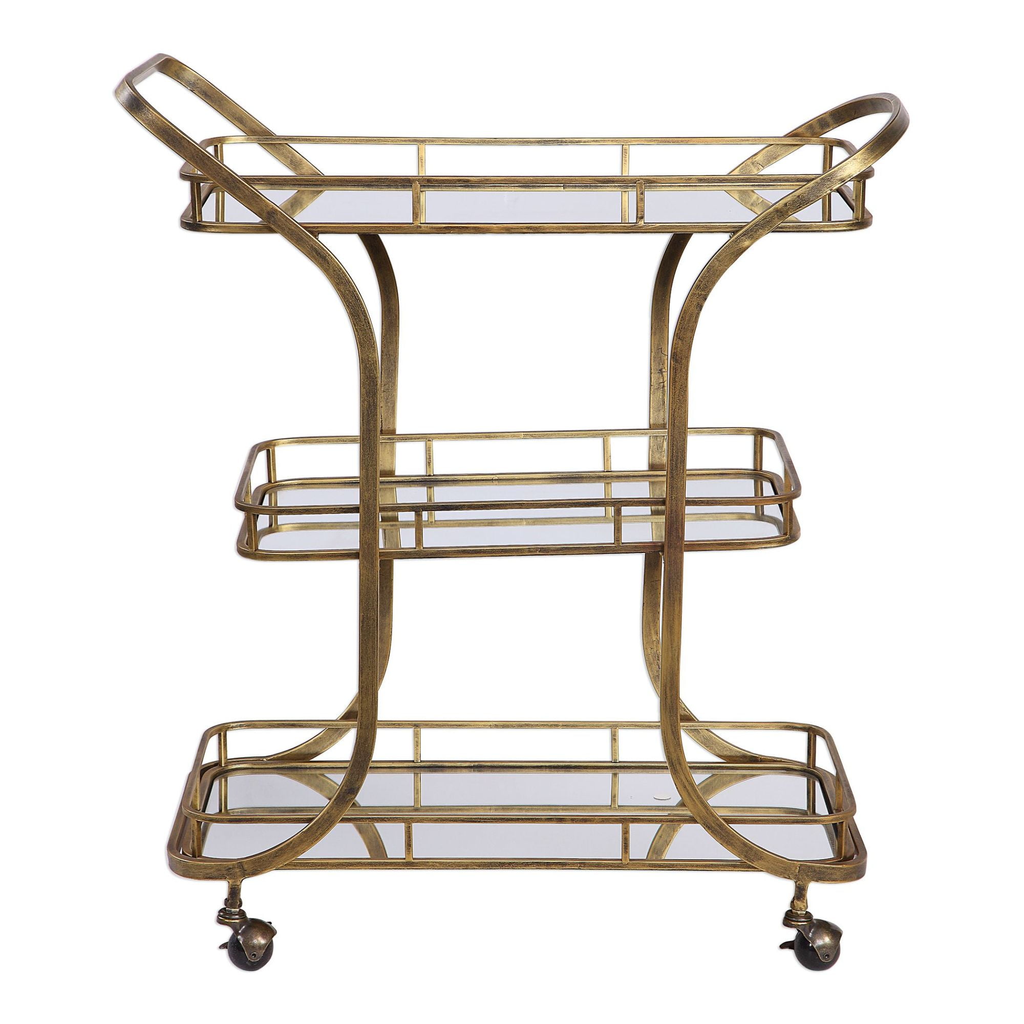 Transitional Stassi Gold Bar Cart with Mirrored Shelves