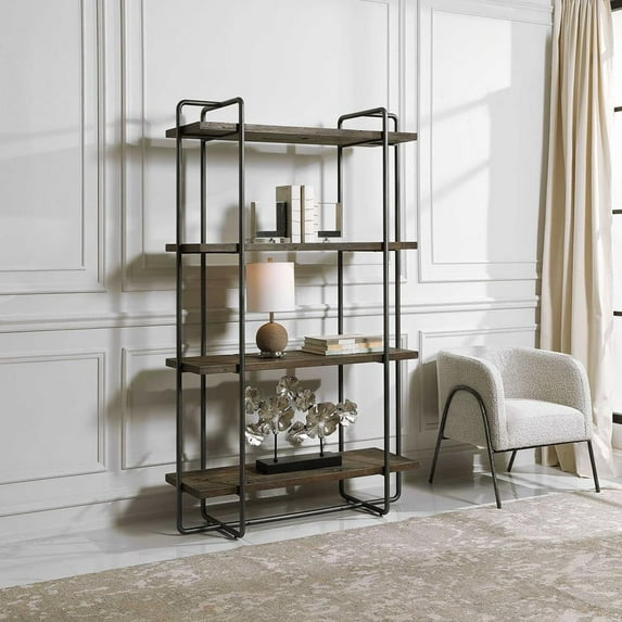 Uttermost Stilo Farmhouse Boat Wood Plywood and Steel Etagere in Brown/Gray