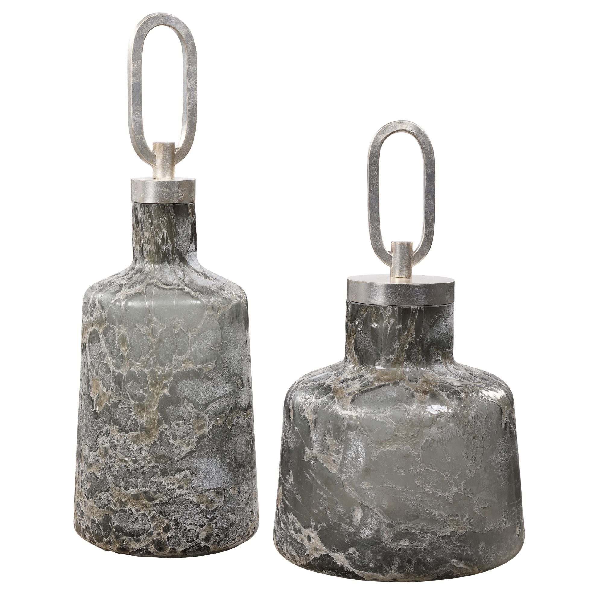 Uttermost Storm Contemporary Iron and Glass Bottles in Silver (Set of 2)