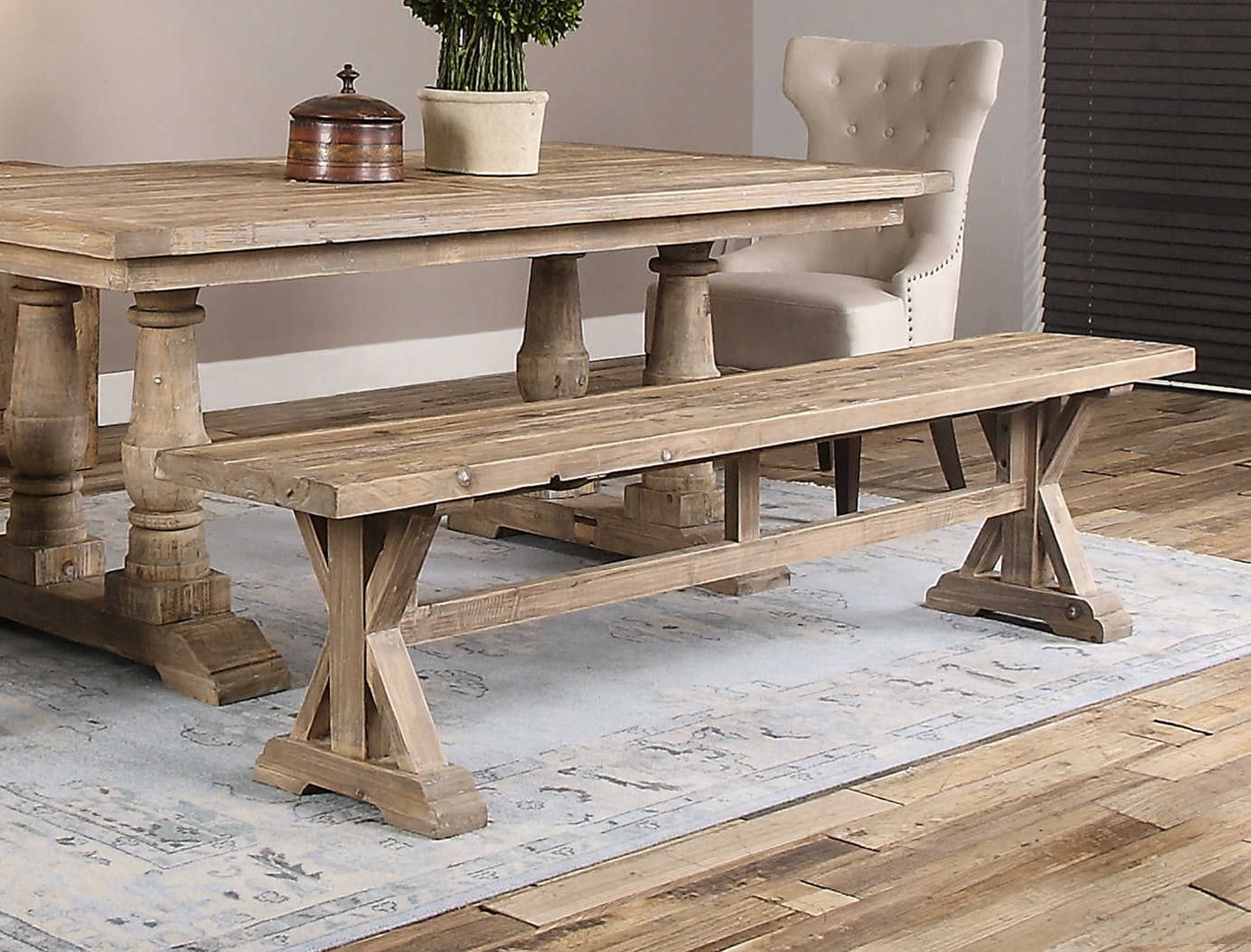 Stratford Salvaged Wood Trestle Dining Bench - Sun Faded Brown