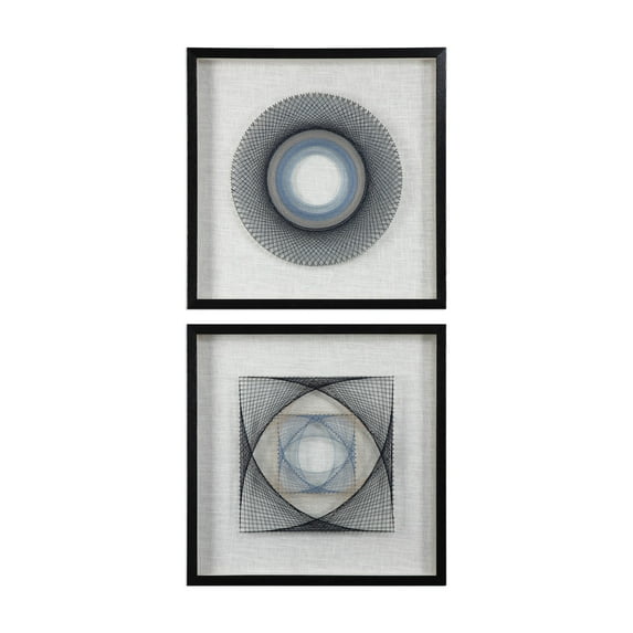 Uttermost String Duet Wood and Glass Geometric Art - Black/Blue/White (Set of 2)