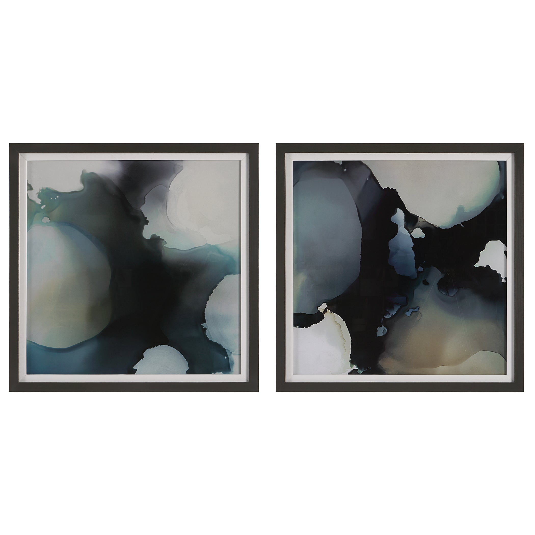 Modern Blue and Amber Abstract Framed Prints Set