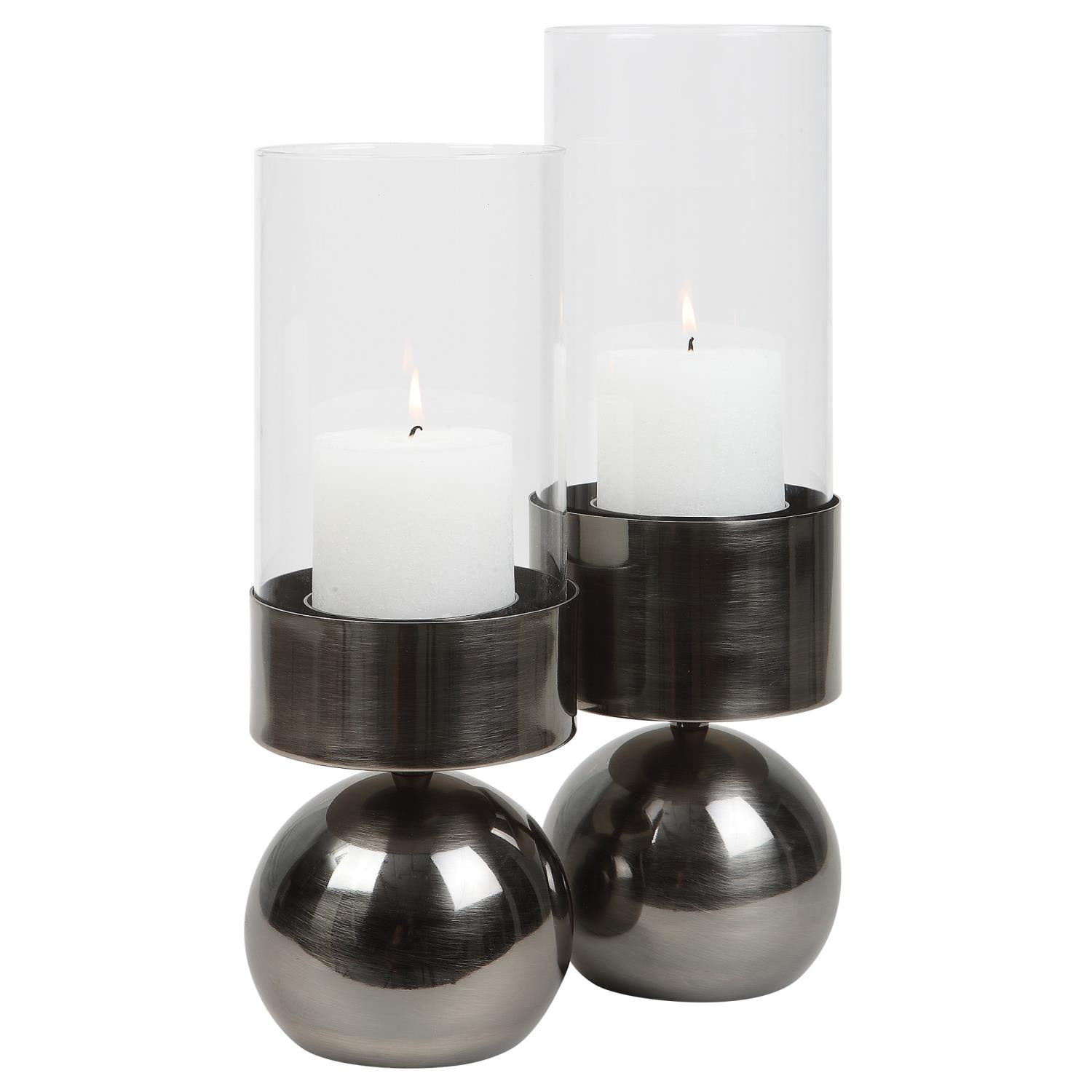 Kowalski Gunmetal Iron and Glass Hurricane Candleholders, Set of 2
