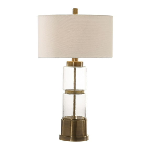 Uttermost Vaiga Steel Glass and Fabric Table Lamp in Antique Brass and White