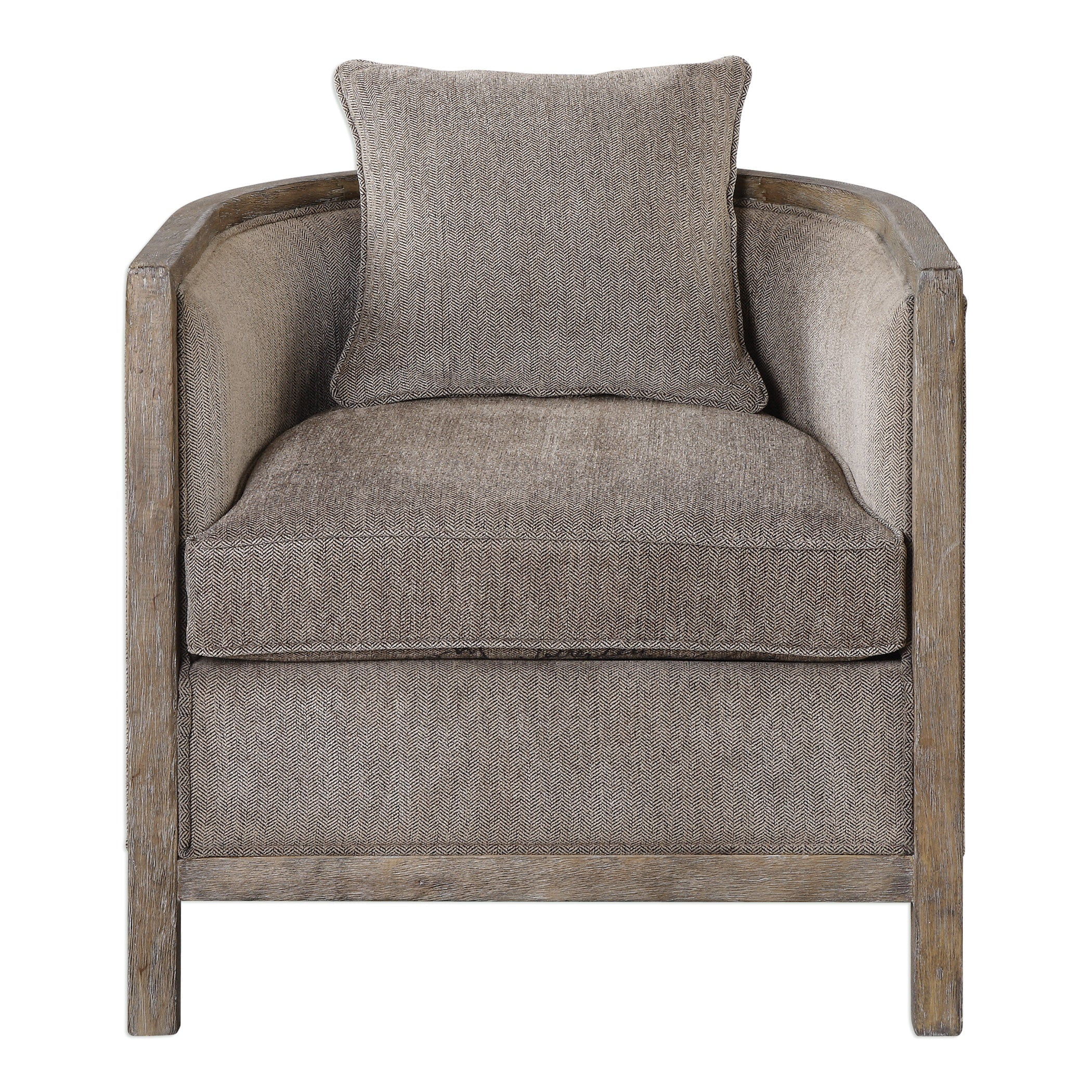 Gray Wood Barrel Accent Chair with Chenille Fabric
