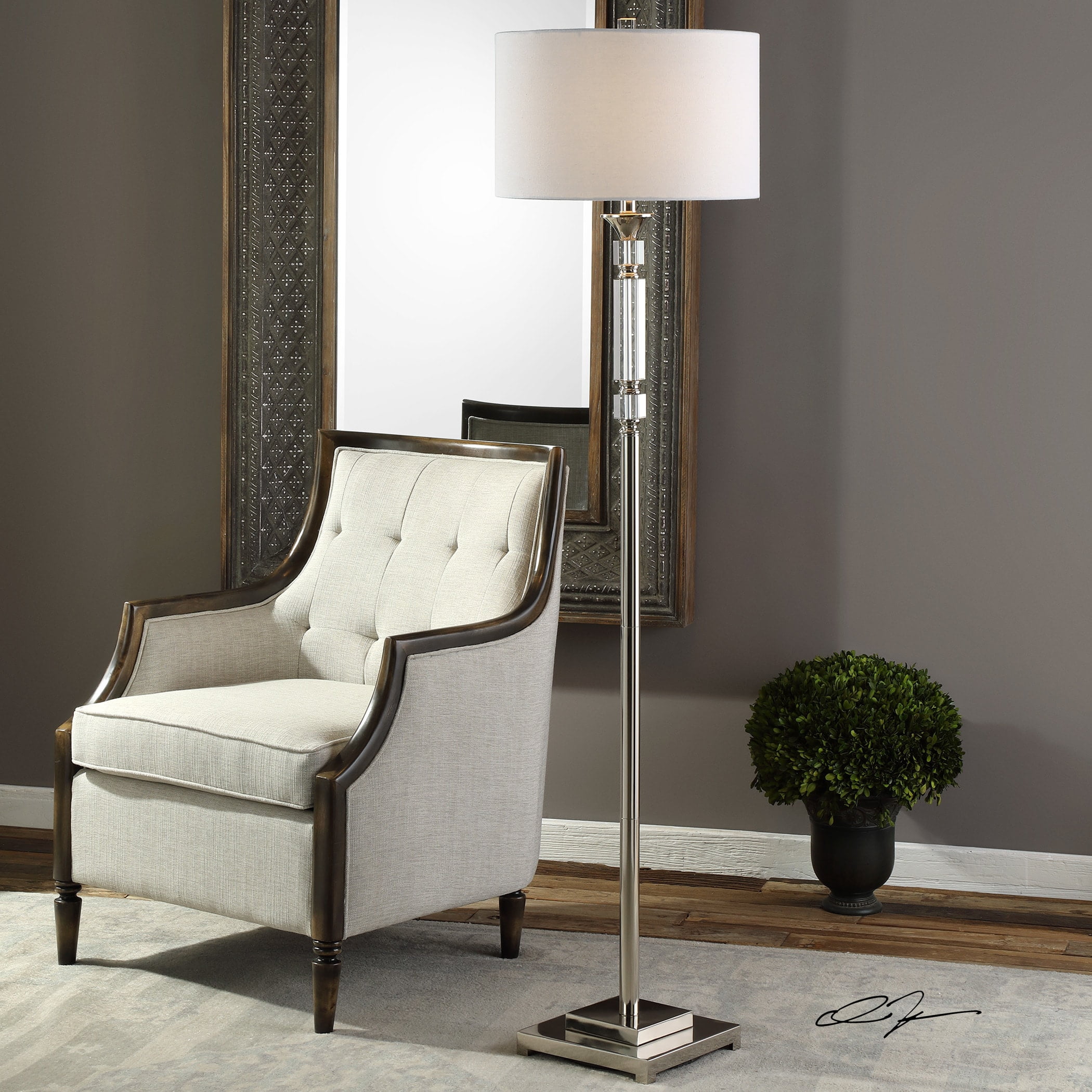 Elegant Polished Nickel and Crystal Floor Lamp with White Linen Shade