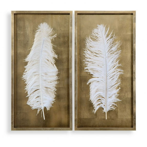 Uttermost White Feathers Wood Shadow Box in Gold/White (Set of 2)