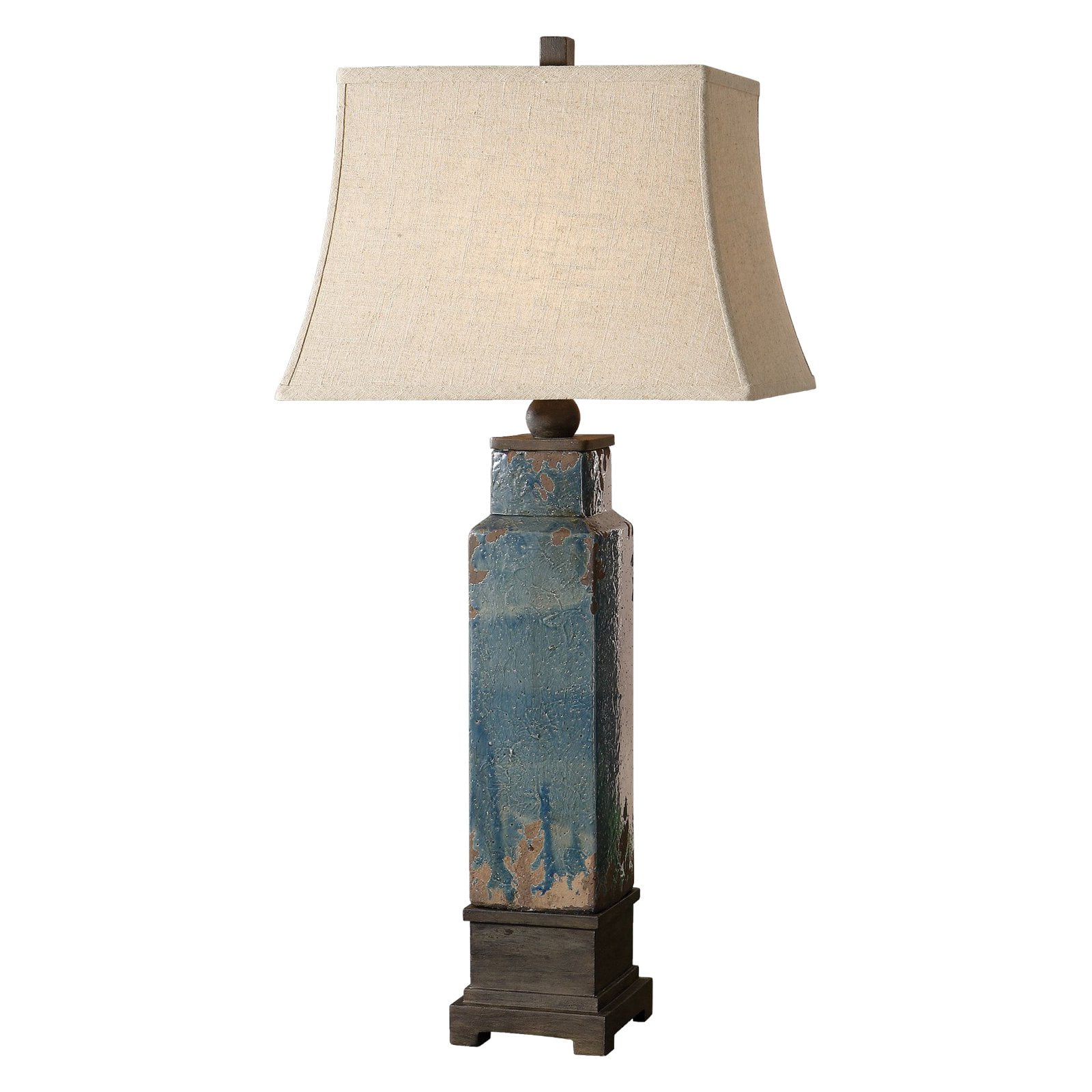 Distressed Blue Ceramic Table Lamp with Rectangle Bell Shade