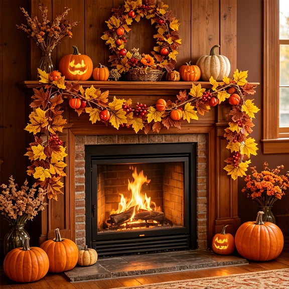 UttpKLBx Artificial Maple Leaf Pumpkin Garland, Fall Vines for Thanksgiving Halloween Mantel Table Decor, 68.9 Inch