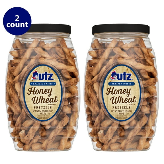 Utz Braided Honey Wheat Pretzel Twists, 2 Count, 24 oz. Barrel, Sweet & Salty Snack