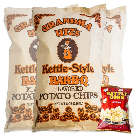 Utz Grandma BBQ Kettle Cooked Potato Chips (3, 8oz bags) - Variety Pack - Sweet and Salty Kettle Popcorn (5.5oz bag) - 4 Bags Total