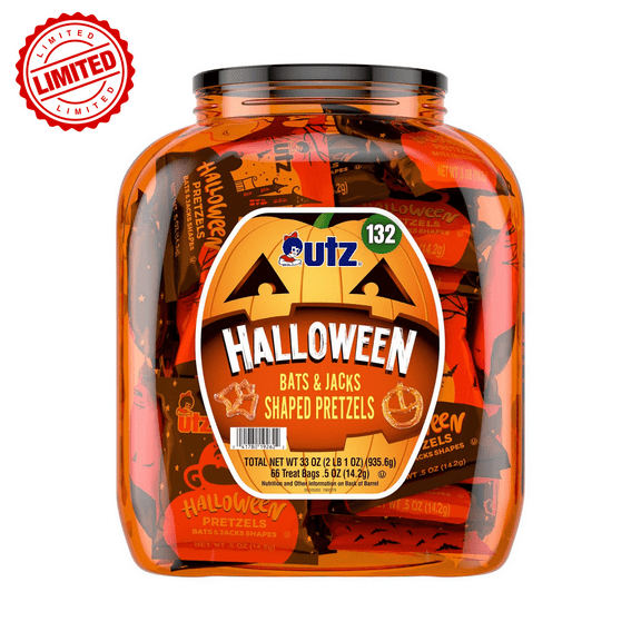 Utz Halloween Pretzel Barrel, 132 Count Individually Wrapped Snack Packs, Festive Pumpkin and Bat Shapes, Crunchy Salted Pretzels for Parties and Trick-or-Treat