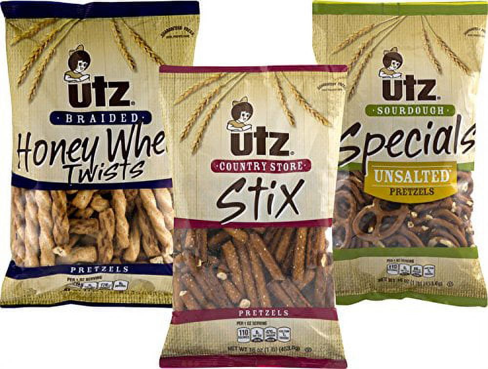 Utz Honey Wheat Twist, Stix & Unsalted Sourdough Pretzel Variety 3 Pack