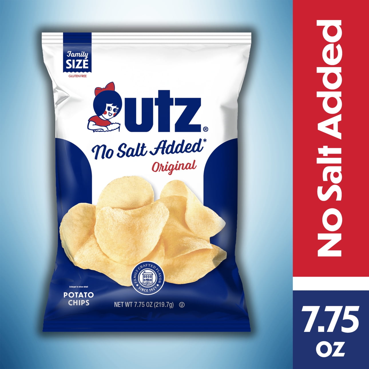 Utz No Salt Added Original Potato Chips, GlutenFree, Family Size, 7.75