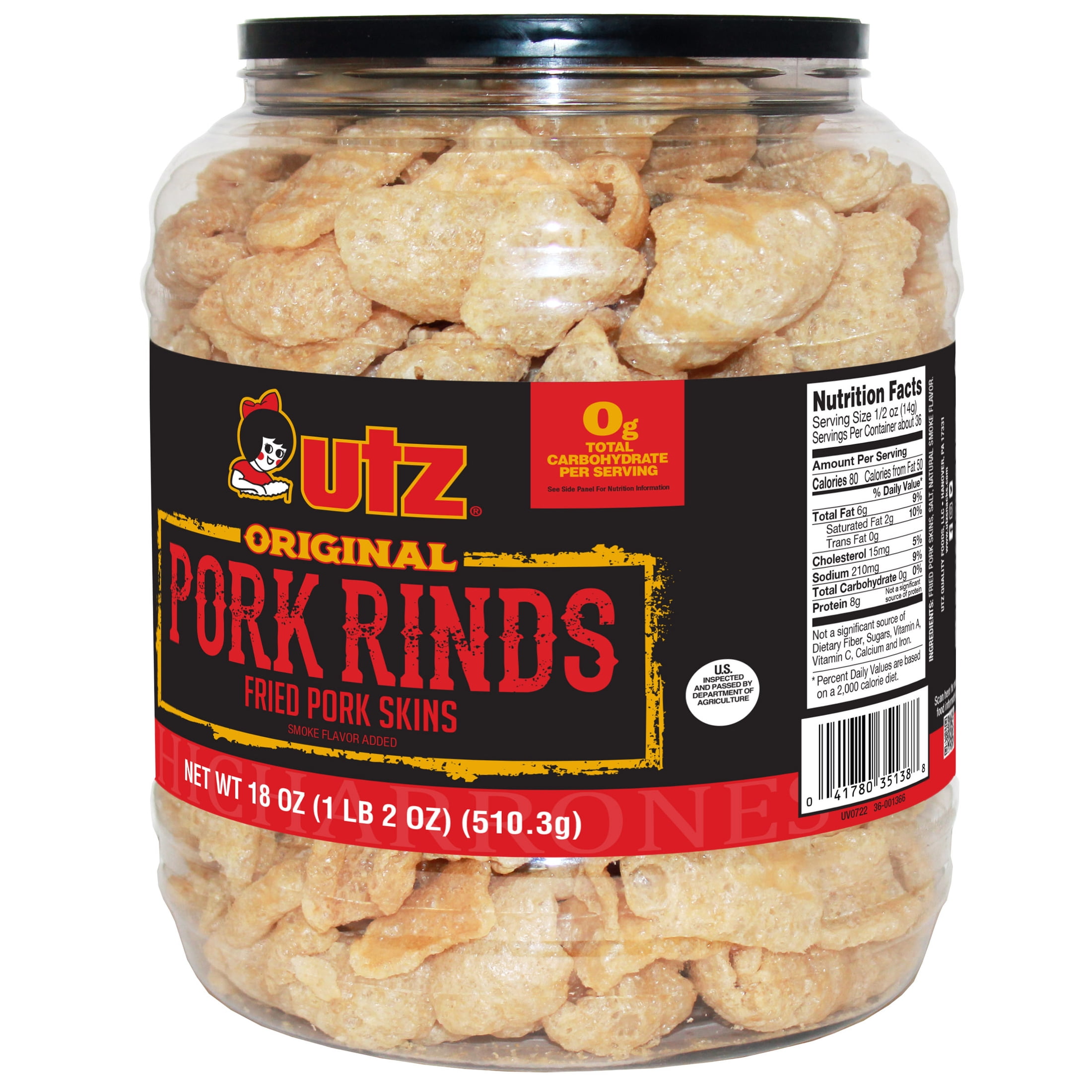 Utz Original Pork Rinds, 18 oz Snack Barrel, Meat Flavor