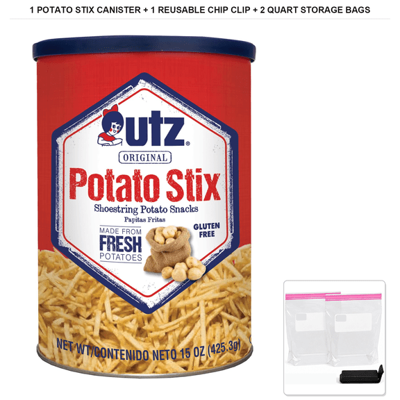 Utz Original Potato Stix, 1 Canister x 15 oz + 1x Reusable Chip Clip & 2x Quart Resealable Food Storage Bags