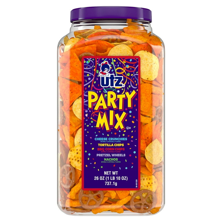 Utz Party Mix, 26 oz Barrel, Corn Tortillas, Nacho Tortillas