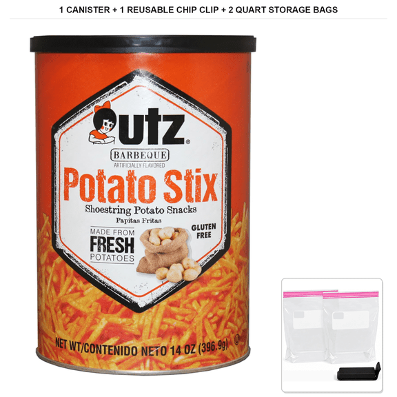 Utz Potato Stix, Bbq Flavor, 1 Canister x 14 oz + 1x Reusable Chip Clip & 2x Quart Resealable Food Storage Bags