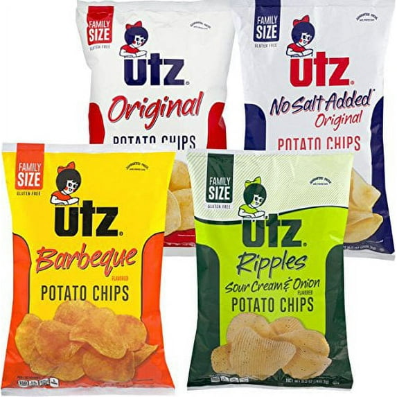 Utz Quality Foods 9.5 oz. Family Size Variety 4- Pack Potato Chips (Original, No Salt, BBQ, Sour Cream & Onion)