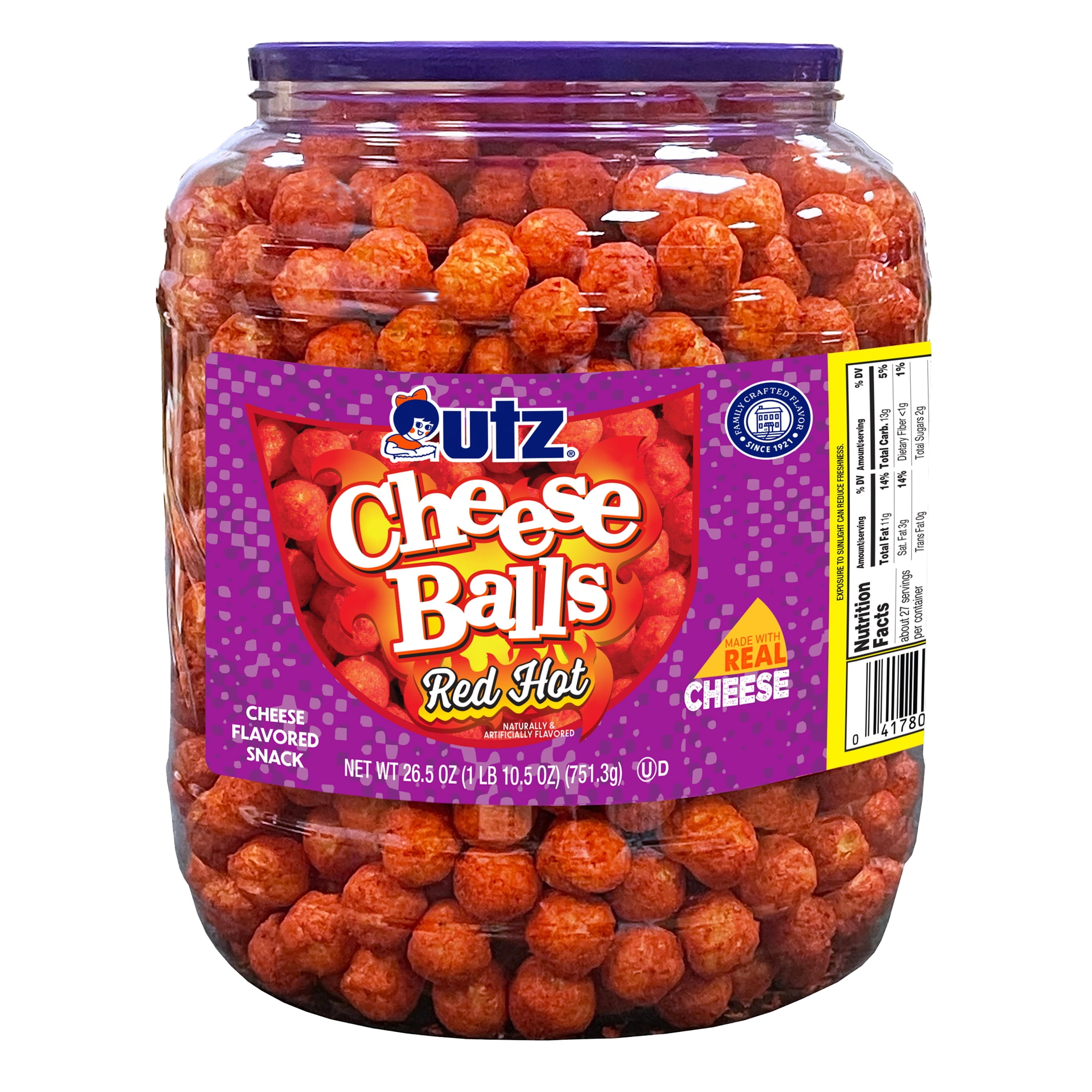 Utz Red Hot Cheese Balls, 26.5 oz Barrel