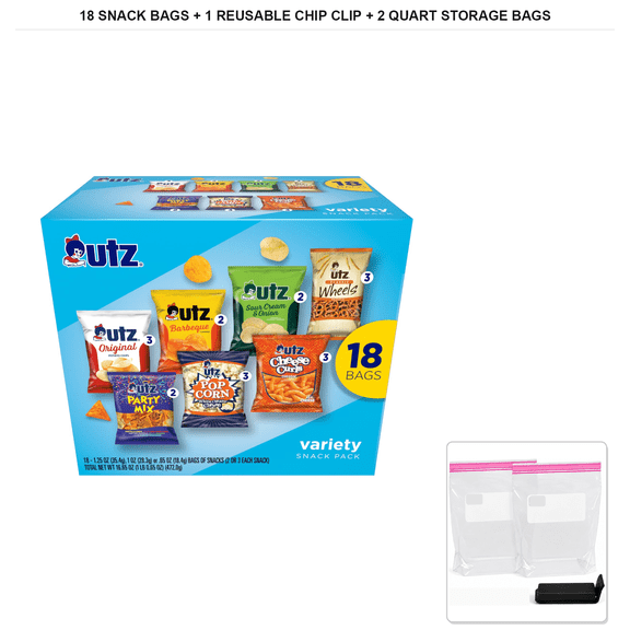 Utz Snack Variety Pack, 18 Bags, 16.65 oz Total + 1x Reusable Chip Clip & 2x Quart Resealable Food Storage Bags