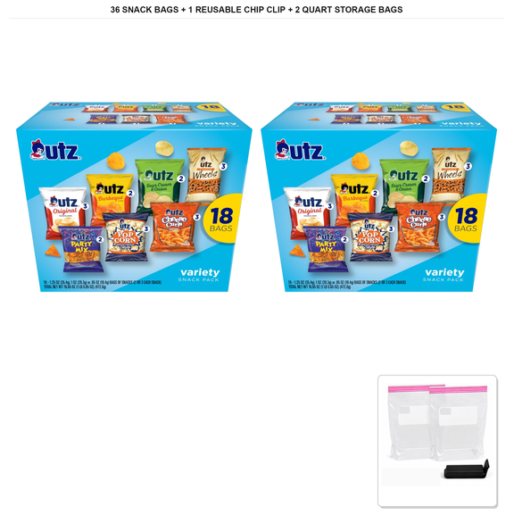 Utz Snack Variety Pack, 36 Bags, 33.3 oz Total + 1x Reusable Chip Clip & 2x Quart Resealable Food Storage Bags