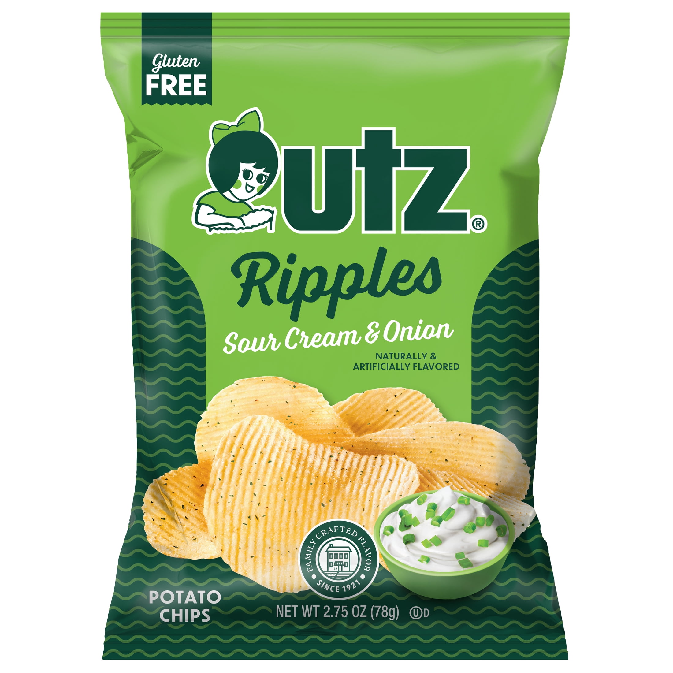 Utz Sour Cream & Onion Ripples Potato Chips, GlutenFree, 2.75 oz Bag