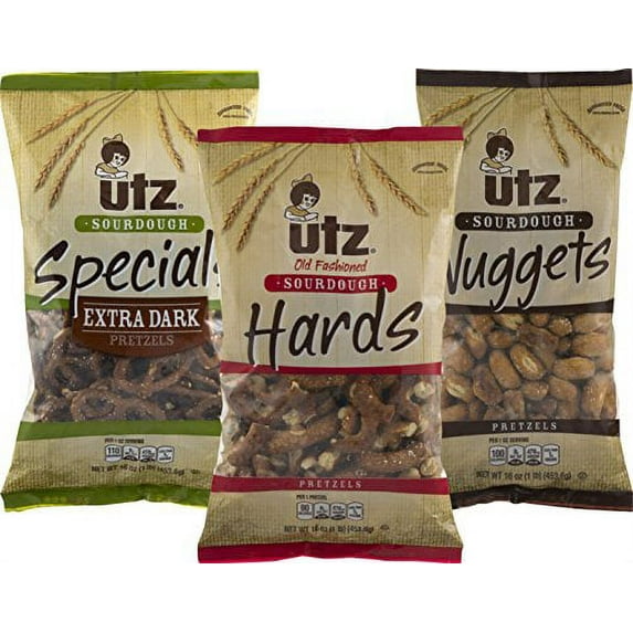 Utz Sourdough Extra Dark, Hards, & Nuggets Pretzel Variety 3- Pack