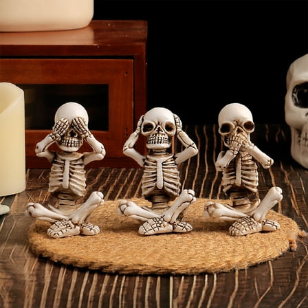 Uuiauoio 3 PCS Skeleton Statues for Halloween Tabletop Decor, See No Evil, Hear No Evil, Speak No Evil, Sitting Skeleton Figurines, Skull Figurines for Gothic Shelf Decor, Home Tabletop Display