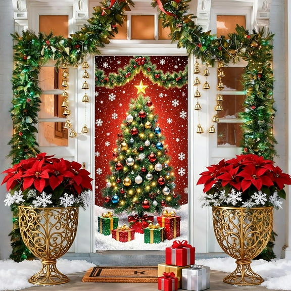 Uuiauoio 35x71 Inch Christmas Door Cover for Holiday Party Decoration, Festive Polyester Fabric Door Hanging for Indoor and Outdoor Use, Reusable Christmas Decor for Home and Office