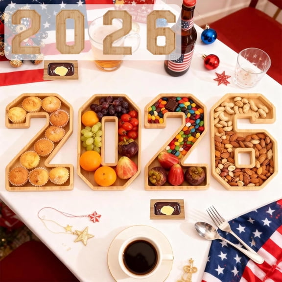 Uuiauoio 4 Packs 2026 Numbers Letter Board Food Serving Trays Wooden Serving Platter for Fruit Vegetable Cupcake Cheese Plates for New Year, Graduation Party Tabletop(2,0,2,6)