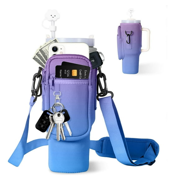 Uuiauoio Water Bottle Carrier Bag with Phone Pocket for Stanley 40/30 oz Tumbler Neoprene Water Bottle Holder Pouch with Adjustable Strap Bollus with Straw Cover for Stanley Cup Accessories