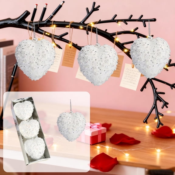 Uuiauoio Champagne Ball Heart Ornaments 3 Pcs Glitter Sequin Heart Shaped Baubles Decoration Valentines Pearl Hanging Decor