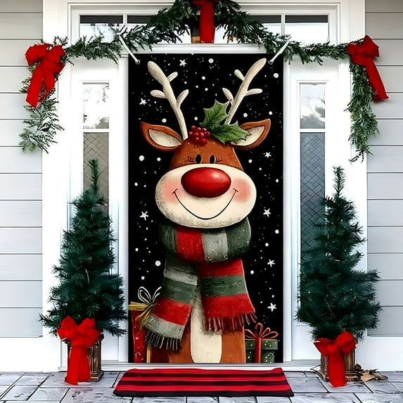 Uuiauoio Christmas Door Cover Winter Door Banner Holiday Decoration Indoor Outdoor Christmas Backdrop Door Hanging for Porch Wall Home Party Seasonal Photo Background