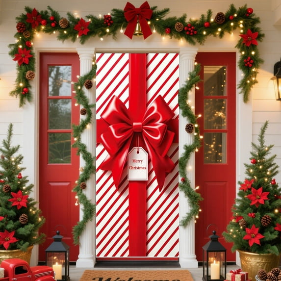 Uuiauoio Christmas Door Curtain with Bow Pattern, Holiday Door Cover for Indoor & Outdoor, Festive Wall Hanging Decoration for Xmas Party, Home, Fireplace Mantel, Seasonal Front Entryway Décor