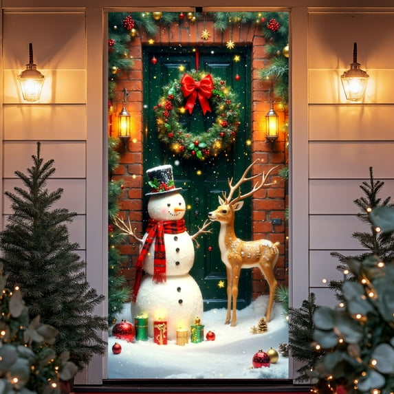 Uuiauoio Christmas Door Curtain Hanging Banner, Holiday Polyester Fabric Decoration for Indoor Outdoor Front Entryway, Winter Party Background with Patterns, Xmas Home Decor for Wall Fireplace Mantel