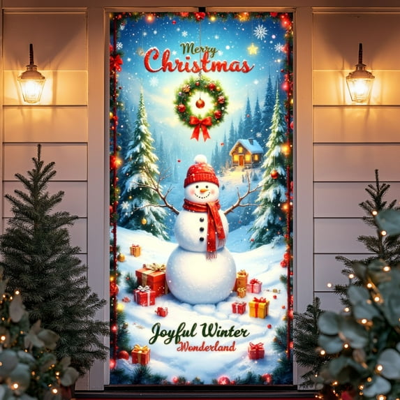 Uuiauoio Christmas Door Curtain Hanging Banner, Holiday Polyester Fabric Decoration for Indoor Outdoor Front Entryway, Winter Party Background with Patterns, Xmas Home Decor for Wall Fireplace Mantel
