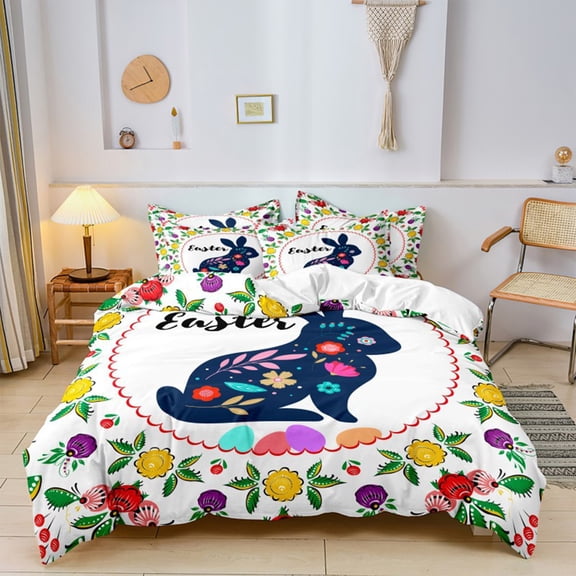 Uuiauoio Cute Rabbit Comforter Set King Size,Happy Easter Quilt Watercolor Egg Floral Bedding 3Pcs for Girls Women Teens Room Decor,2 Pillowcases
