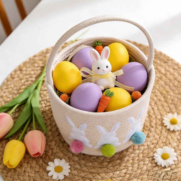 Uuiauoio Easter Basket for Boys and Girls, Adorable Bunny Basket for Easter Egg Hunts, Soft & Safe Baby’s First Easter Basket, Sturdy Cotton Rope Empty Gift Basket, Festive Décor