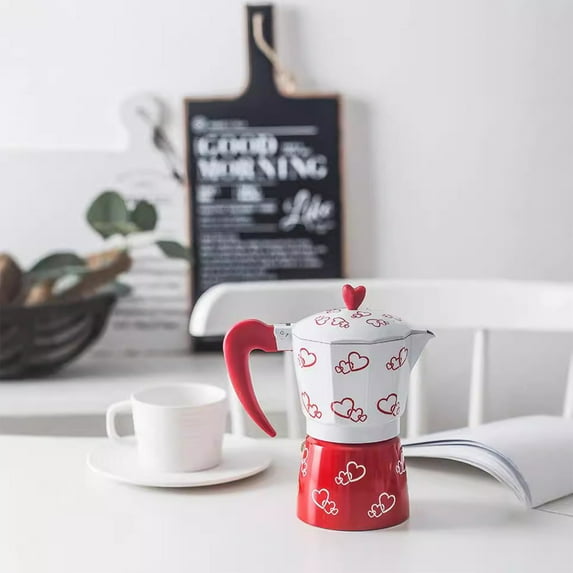 Uuiauoio Espresso Stovetop Moka Pot, Aluminum Espresso Coffee Maker Kettle Pot Coffee Red Heart Printed Coffee Stove Maker Percolator For Home Office