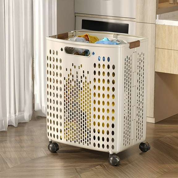 Uuiauoio Foldable Laundry Basket with Wheels & Handle, Portable Collapsible Storage Hamper for Clothes Organization, Multi-Purpose Rolling Cart for Home, Bedroom, Bathroom, Dorm Room Use