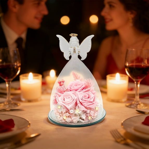 Uuiauoio Gifts for Women Birthday Preserved Rose Forever Flower in Glass Angel Figurines Fresh Flowers for Delivery for Mom Roses for Grandma Wife Her from Daughter