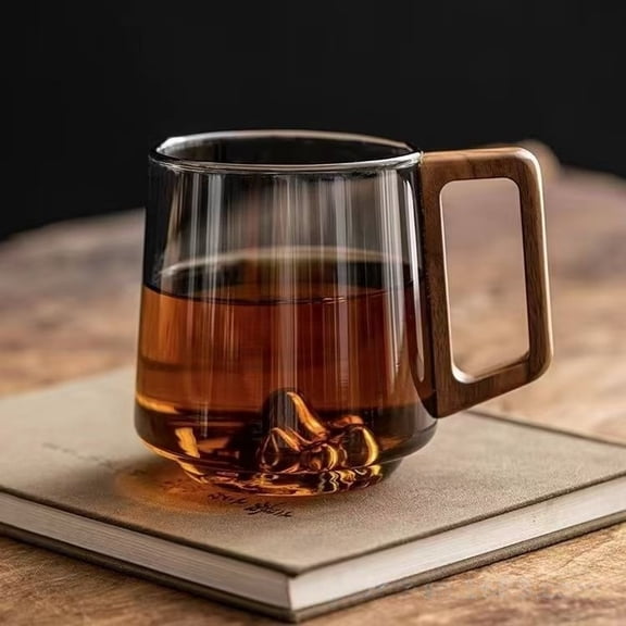 Uuiauoio Glass Coffee Mugs, Clear Coffee Mugs with Walnut Handle,Wide Mouth Extra Large Capacity Cup, Perfect for Latte, Mocha, Cappuccino, Tea and Juice, Microwave Safe