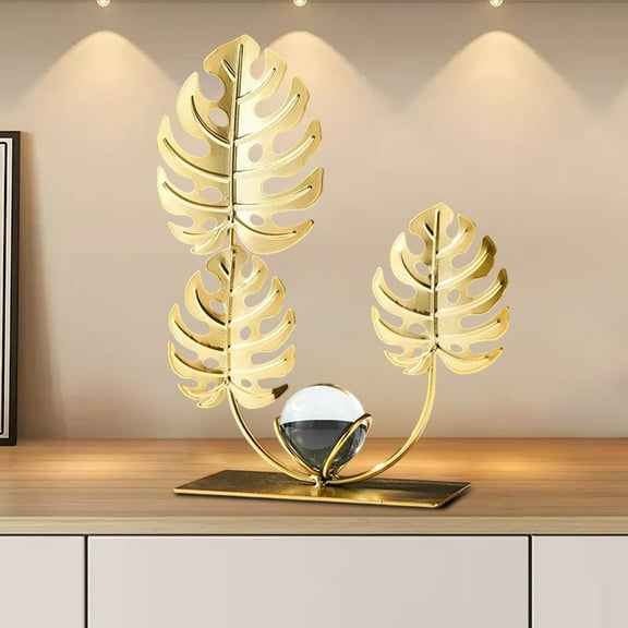 Uuiauoio Golden Leaf Metal Sculpture with Crystal Ball Base, Art Deco Desk Statue for Home Office Decor, Bookshelf Display Ornament and Modern Interior Design