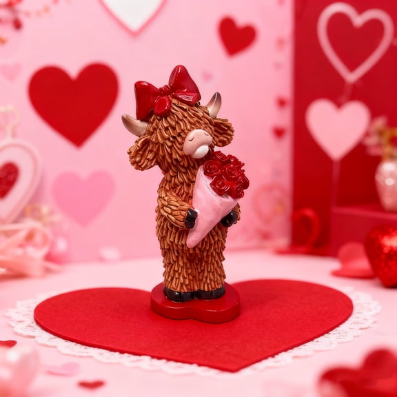 Highland Cow Valentine Decor, Cute Resin Valentine's Day Figurines Table Top Indoor Tiered Tray Tabletop Centerpiece Shelf Office Desk Decorations for Home, Highland Cow Gifts