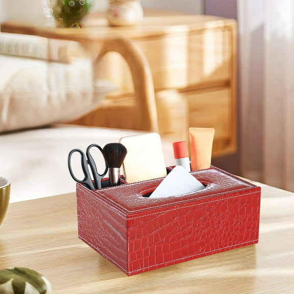 Multifunctional Leather Storage Box with Remote Control Organizer and Tissue Dispenser, Compact Design for Coffee Table, Desk, and Nightstand
