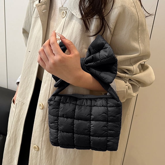 Uuiauoio Pleated Bow Handbag for Women with Shoulder Strap, Solid Color Crossbody Bag for Daily Use, Lightweight Polyester Purse for Commuting and Travel