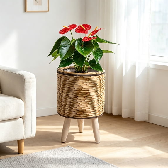 Uuiauoio Rattan Planter with Legs Wicker Basket Plant Stand Indoor Outdoor Flower Pot Holder for Balcony Home Decor