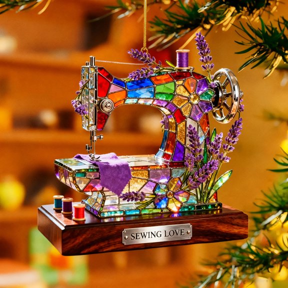 Uuiauoio Sewing Machine Stained Glass Style Ornament, Acrylic Window Hanging Suncatcher Decoration, Colorful Vintage Sewing Machine with Floral Decor, Craft Room or Home, Gift for Women Mom